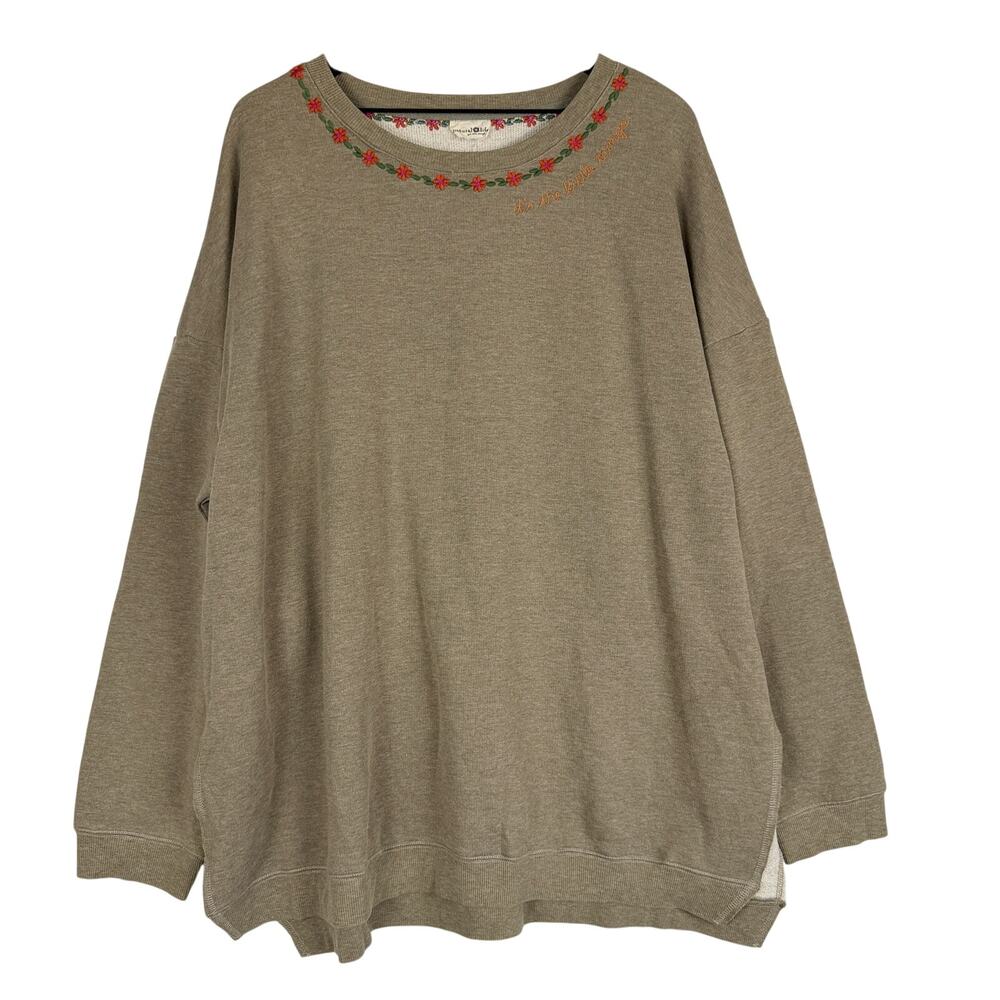 Natural Life Embroidered Crew Tunic Oversized Sweatshirt Green Beige - XL